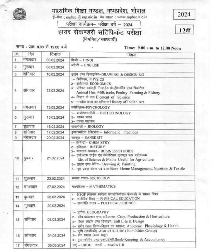 12th class Exam time table is here